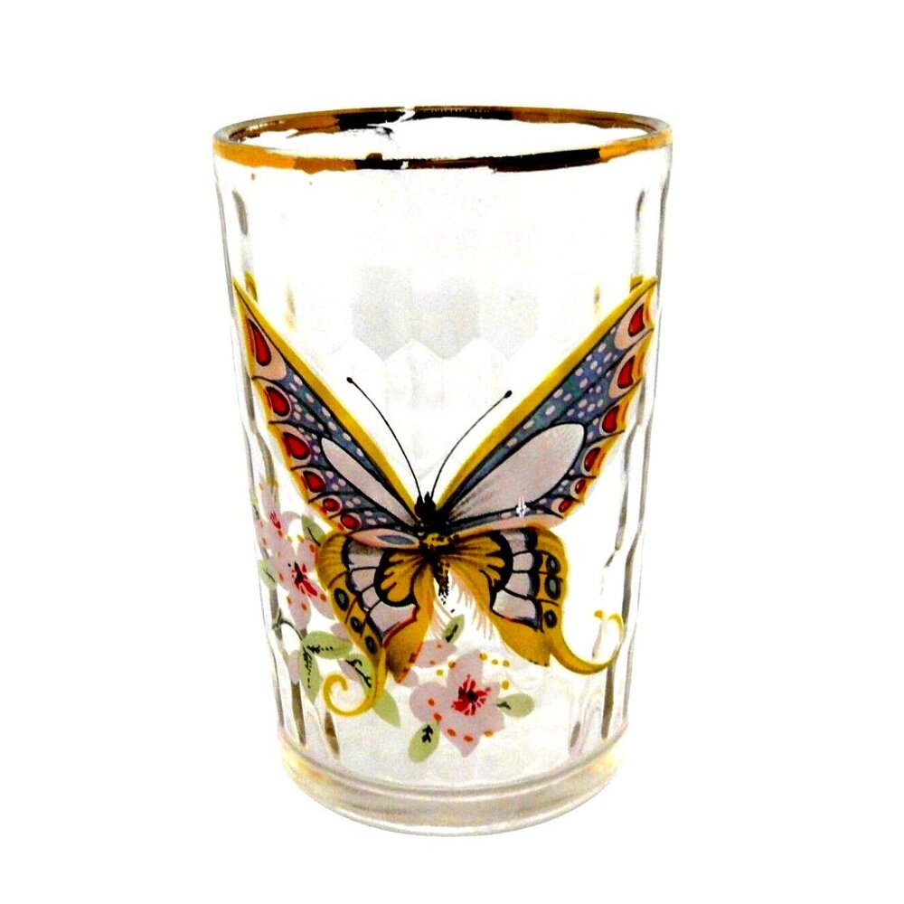 Rare Vintage Clear Glass Tumbler with Gold Rim & Colorful Butterfly Design